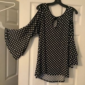 Black with cream polkadots knit top with cold shoulder and flared sleeves